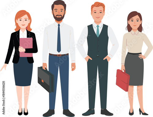 Diverse Group of Four Business Professionals Standing Ready for Corporate Teamwork Vector