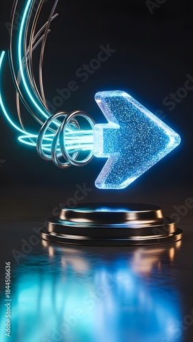 Futuristic arrow sign with neon lighting over a pedestal, indicating direction, technology, and progress. Minimalist, modern digital art for website, social media, and banner use.