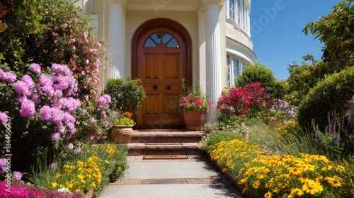 Fototapeta Naklejka Na Ścianę i Meble -  A front door of a charming home with a welcome mat, bright flowers, and a clear blue sky above.