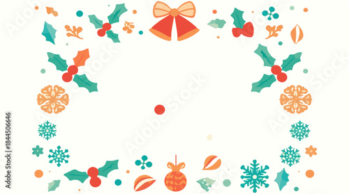 Vector illustration of a happy holiday banner featuring a flat design style with bold shapes and vibrant colors, incorporating iconic holiday symbols