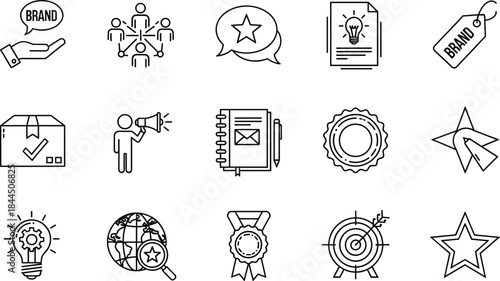 Branding marketing line icons set featuring brand identity promotion reputation strategy communication business outline vector symbols