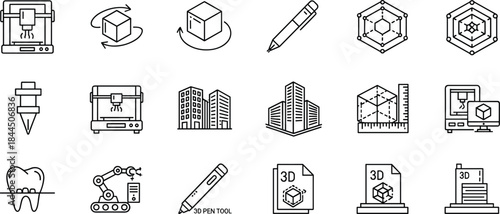 3D printing technology line icons set featuring additive manufacturing modeling prototyping design engineering outline vector symbols