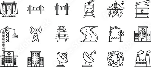 Infrastructure, transport, energy, line, icons, set, featuring, bridges, railways, power, communication, construction, city, outline, vector, symbols, network, industry, utilities, urban