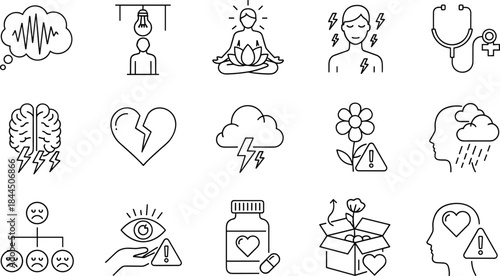 Mental health awareness line icons set featuring meditation stress anxiety therapy emotions psychology wellness outline vector symbols
