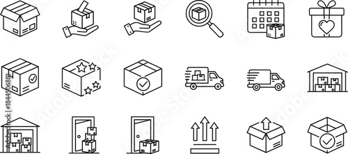 Logistics delivery line icons set featuring packaging shipping warehouse courier tracking ecommerce supply chain outline vector symbols