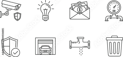 Utility service line icons set featuring security energy billing water supply waste management protection outline vector symbols