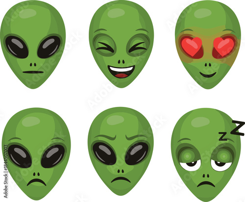 Cute alien face expression illustration set with different emotions, cartoon green extraterrestrial heads vector collection for stickers, emojis and sci fi design