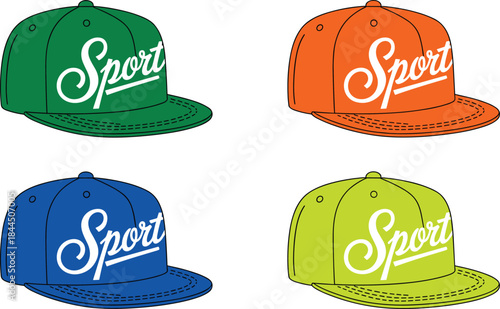 Four colorful baseball caps with ' Sport' text in white accessory headwear