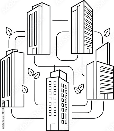 Sustainable cityscape with interconnected buildings and greenery