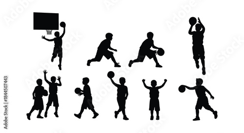 Silhouettes of basketball players in various action poses on a white background