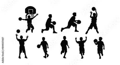 Silhouettes of basketball players in various action poses on a white background