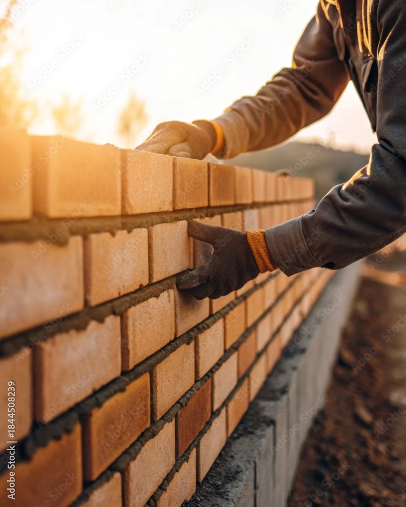 Fototapeta premium Hands placing final brick on wall at sunset photorealistic image of completion in warm sunlight