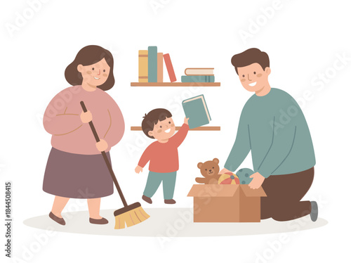 Family Moving House Together with Boxes.