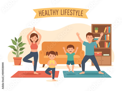 Family Practicing Yoga Together at Home.