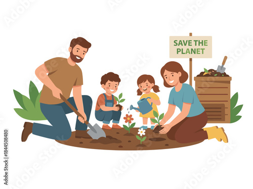 Family Planting Flowers Together Outdoors.