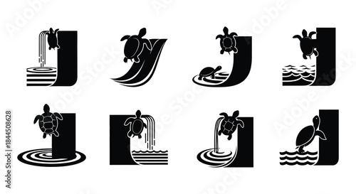 Black and white illustrative design featuring turtles and waterfalls in square frames