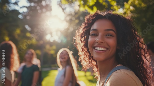 A fun-loving group of young adults having a picnic in a scenic park.