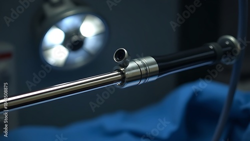 laparoscope. Slender laparoscope with polished metal surface reflecting light, on a medical tray with professional lighting. product launch decks.