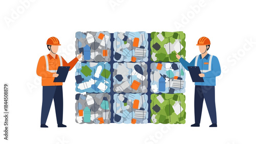 Recycling team analyzing compacted plastic waste for sustainable waste management solutions