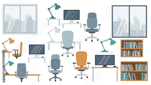 Modern office interior elements with furniture and equipment