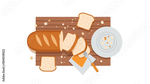 Sliced bread on rustic wooden board with knife and plate in flat design