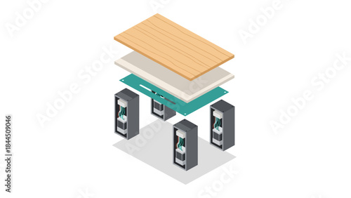 Isometric 3d assembly diagram of a modern table with detailed layered components