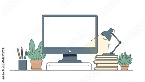 Modern home office desk setup with computer, lamp, and plants