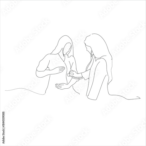 doctor checking pregnant woman's stomach. line art