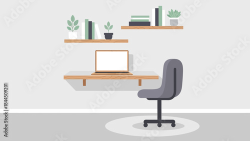 Minimalist home office design with floating desk and shelves