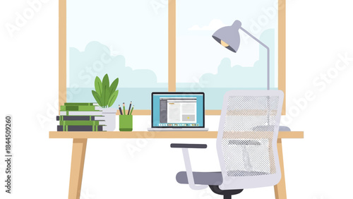 Modern workspace with laptop and books in natural light