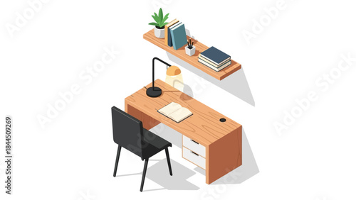 Modern workspace with wooden desk and floating shelf in isometric style