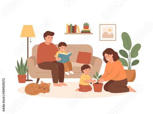 Family Reading and Planting Together Indoors.