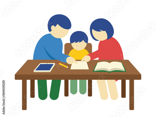 Family Reading Together at Wooden Table.