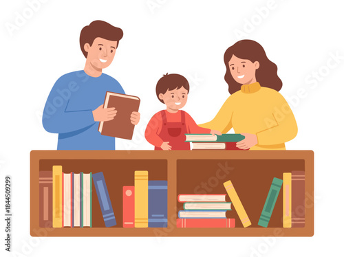 Family Reading Together at Bookshelf.