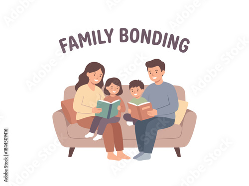 Family Reading Together on Sofa Illustration.