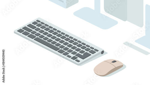 Modern workspace setup with isometric keyboard and mouse on minimalist desk