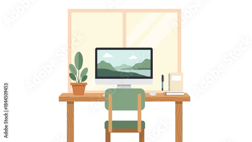Minimalist workspace with computer and plant by window