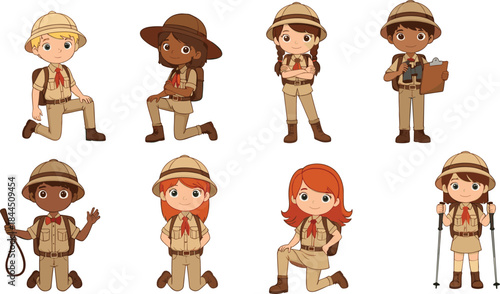 Cute explorer children character illustration set with safari outfits and adventure poses, cartoon vector collection for education, travel, camping and kids design