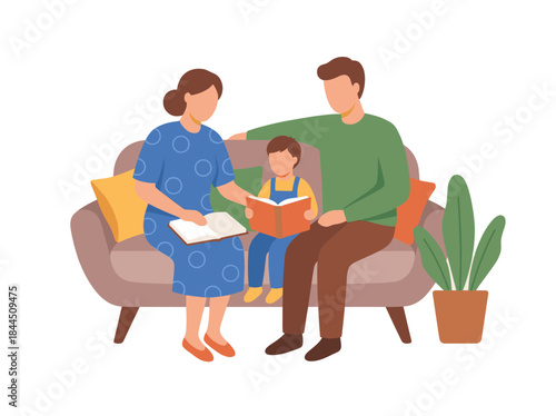 Family Reading Together on Sofa.
