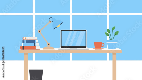 Minimalistic workspace with desktop laptop and office lamp in stylish flat design