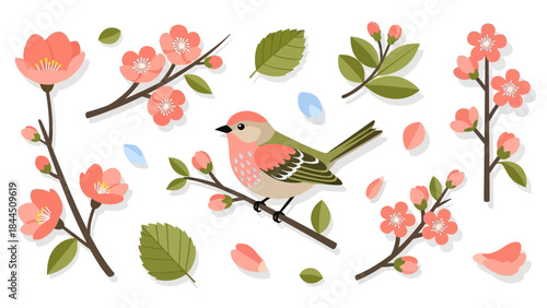 Charming spring bird and blossoms in flat design with soft pastel hues