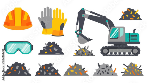 Construction equipment and safety gear collection in flat design
