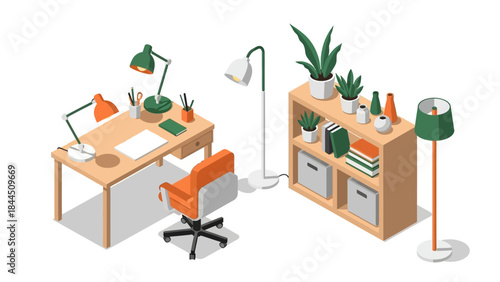 Modern office workspace with desk and storage in isometric design