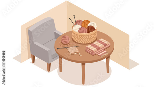 Cozy crafting corner with yarn, needles, and knitting supplies in isometric style