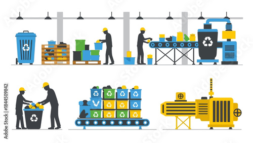 Recycling factory process: workers operating machinery and conveyors in eco-friendly facility