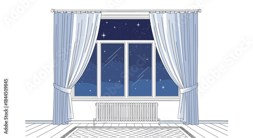 A cozy room interior with a large window showing a beautiful starry night sky, with open curtains and a radiator below. This simple line art illustration evokes a sense of peace and tranquility.