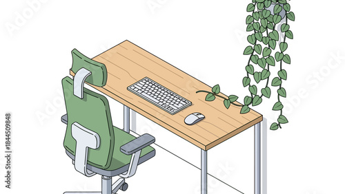 Modern workspace: isometric desk with chair and greenery for home office inspiration
