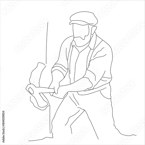 man chopping down a tree with an axe. line art