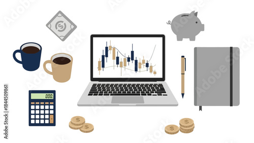 Financial planning workspace with laptop, charts, and office essentials