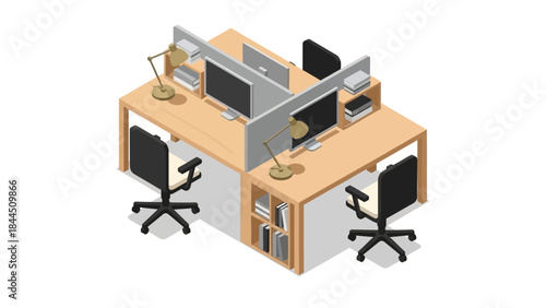 Modern isometric office workspace with desks, computers, and chairs